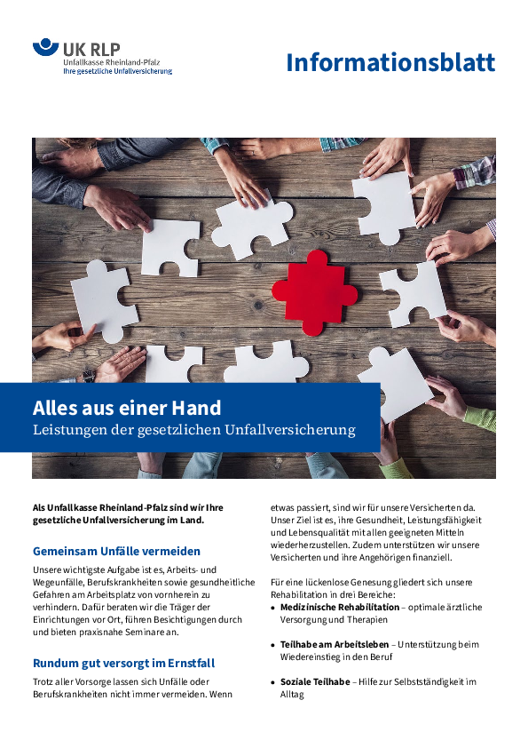 Titelblatt des Informationsblatts "Leistungen der gesetzlichen Unfallversicherung".