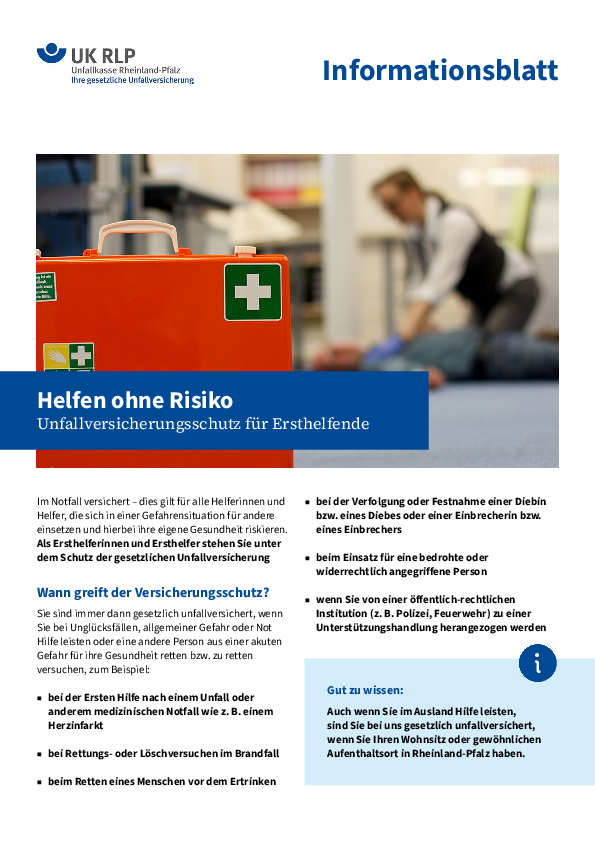 Titelbild des Infoblattes "Unfallversicherungsschutz für Ersthelfende"