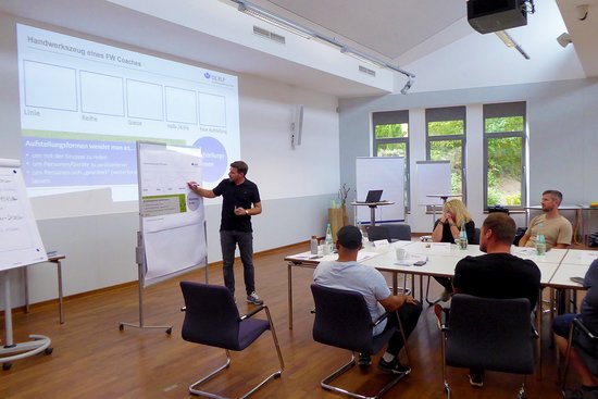 Mehrere Seminarteilnehmende sitzen an einem Tisch und schauen auf den Seminarleiter, der etwas an einer Metaplanwand aufschreibt.
